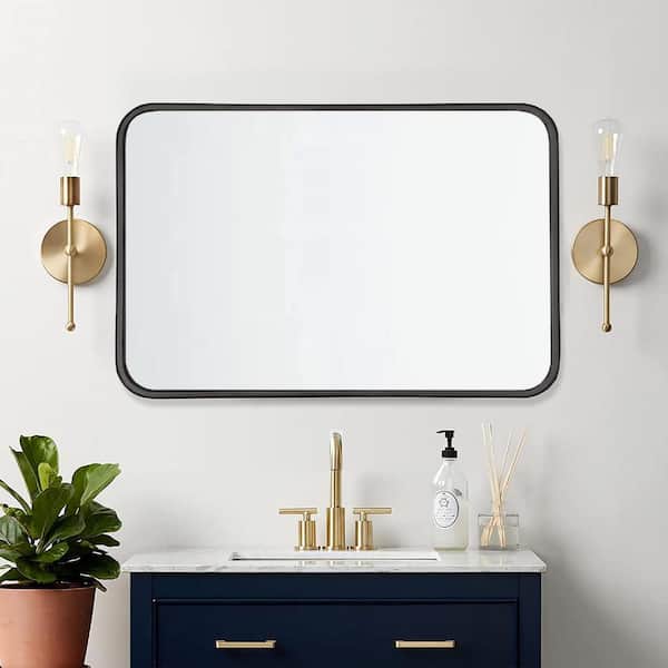 FAMYYT 24 in. W x 36 in. H Rectangular Rounded Corner Metal Framed Wall Bathroom Vanity Mirror in Brushed Black with HD Glass