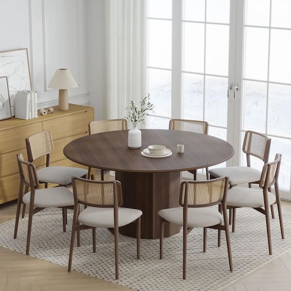 Lirago Cylindrical Walnut Colored Wood 60 in. Column Base Duckbill Edge Dining Table for 8