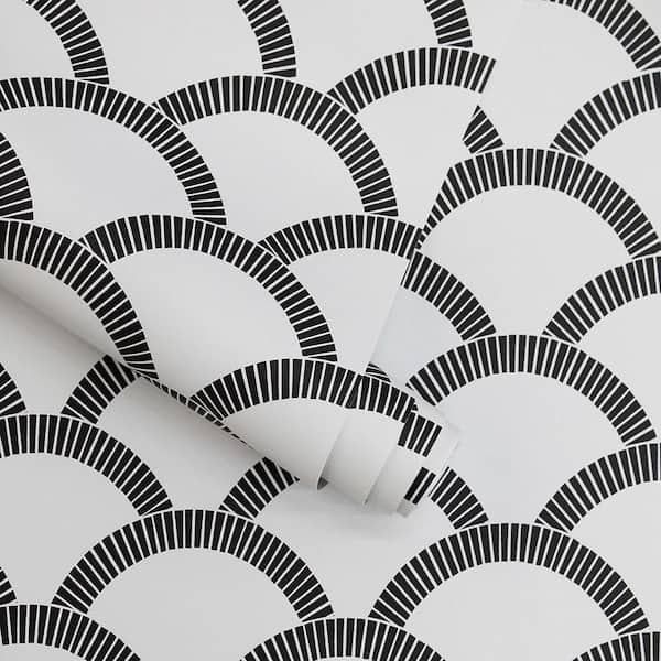 Black and Cream Mosaic Scallop Vinyl Peel and Stick Wallpaper Roll (Covers 56 sq. ft.)