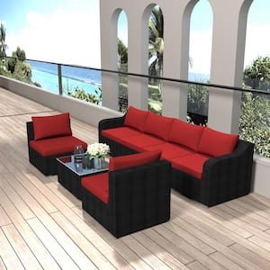 7-Piece Patio Brown PE Woven Rattan Wicker Outdoor Conversation Sectional Set with Red Washable Cushions and Pillows