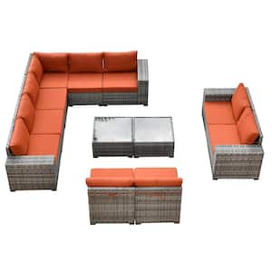 Tahoe Grey 12-Piece Wicker Wide Arm Outdoor Patio Conversation Sofa Seating Set with Orange Red Cushions