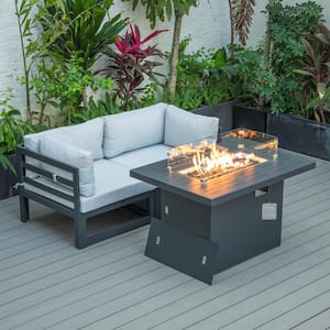 Chelsea Black 3-Piece Aluminum Patio Fire Pit Set with Light Grey Cushions