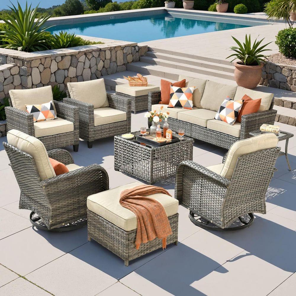 Lotus C 9-Piece Wicker Patio Conversation Seating Set with Swivel Rocking Chairs Coffee Table and Beige Cushions price history on PriceWatchPro