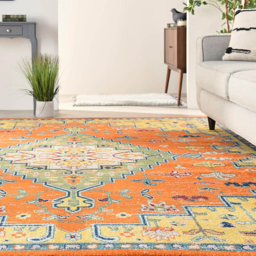 Bohemian Medallion 9' x 12' Orange Multicolor Easy-Care Area Rug
