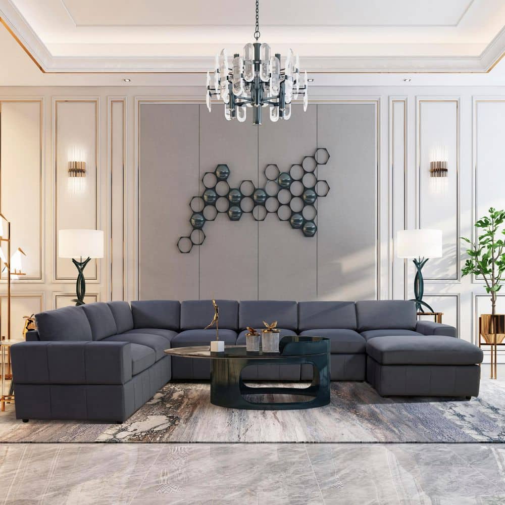 157 in. W Square Arm 8-piece U Shaped Microfiber Modern Sectional Sofa in D