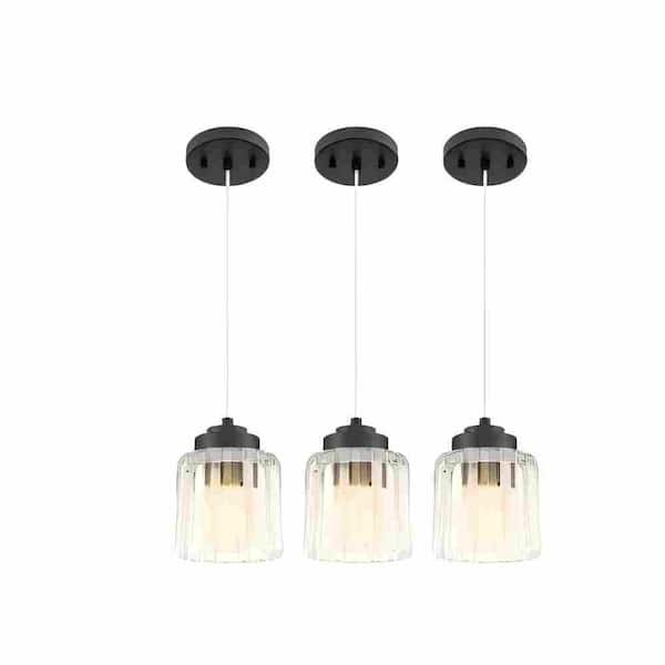 60-Watt 1-Light Finish Black Pendant Light with Fluted Glass Shade and No Bulbs Included 3PK