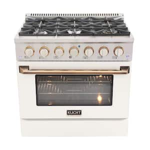 36 in. 5.2 cu. ft. Dual Fuel Range with Gas Stove and Electric Oven with Convection Oven in White with Gold Handle