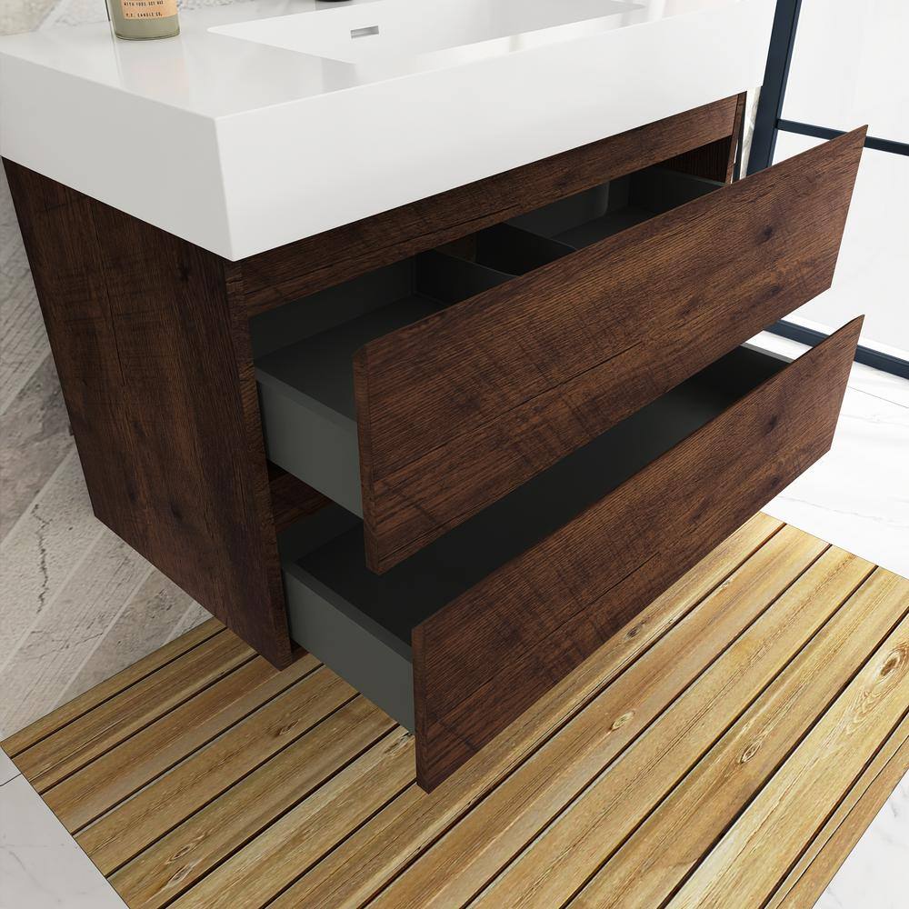 Walnut Wall-Mounted Bathroom Vanity with White Resin Sink, 30" x 18"