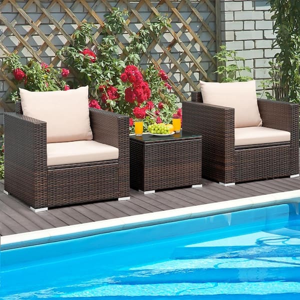 Brown 3-Piece Wicker Patio Conversation Set with Beige Cushions and Coffee Table