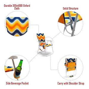 1-Piece Orange Aluminum Patio Folding Beach Chair Lawn Chair Camping Chair with Side Pockets and Built-in Shoulder Strap