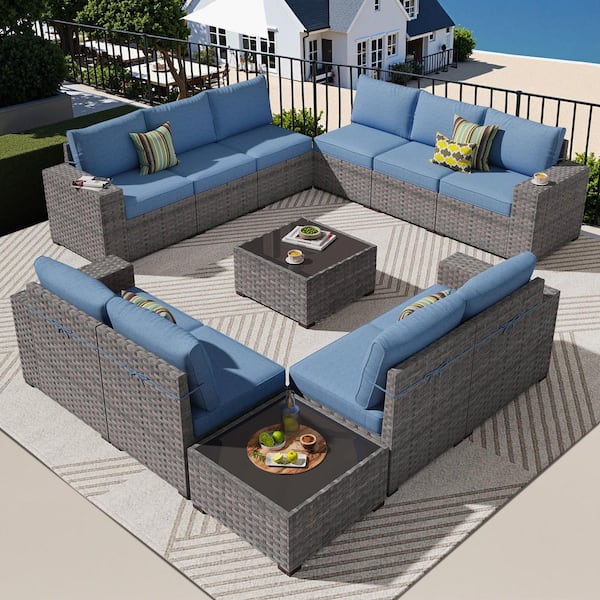 OVIOS Bbisty Gray 12-Piece Wicker Wide Arm Patio Conversation Set with Denim Blue Cushions