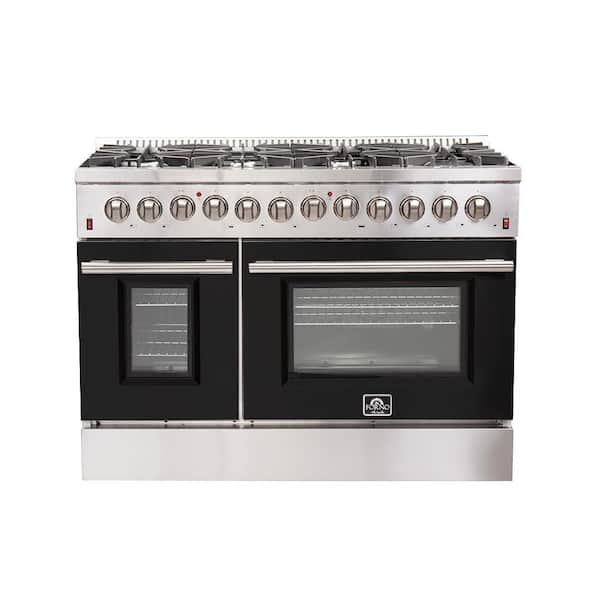 Forno Galiano 48 in. 6.58 cu. ft Double Oven Dual Fuel Range with Gas Stove and Electric Oven in. Stainless Steel w/Black Door