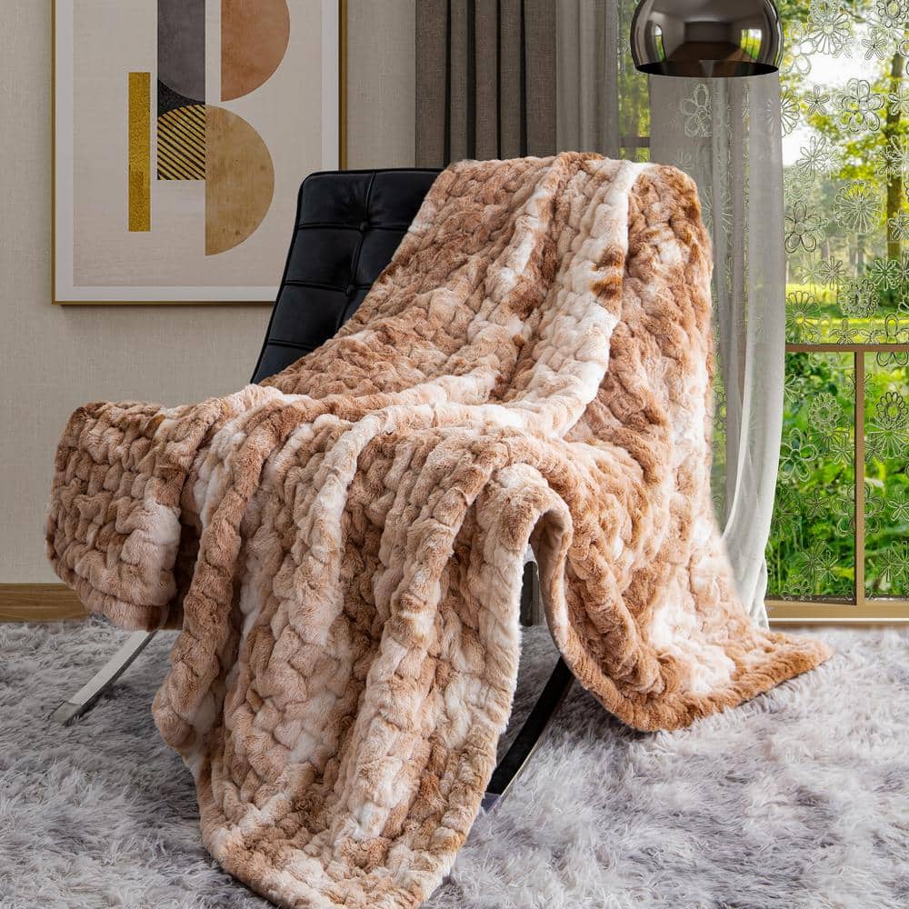 60 in. L x 50 in. W Multicolor Ruched Faux Fur Throw Blanket with Ribbon an