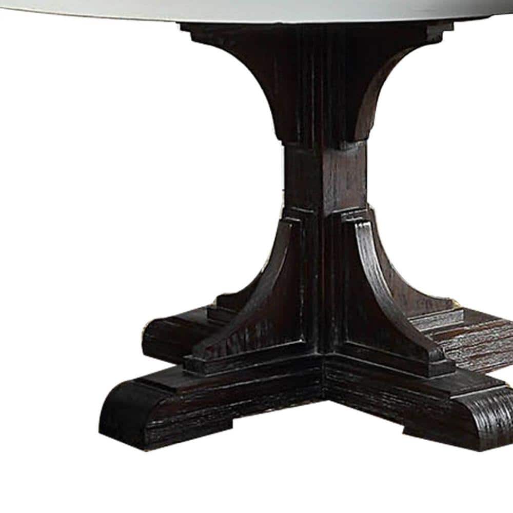 Round White Marble Top Dining Table with Dark Wood Pedestal Base