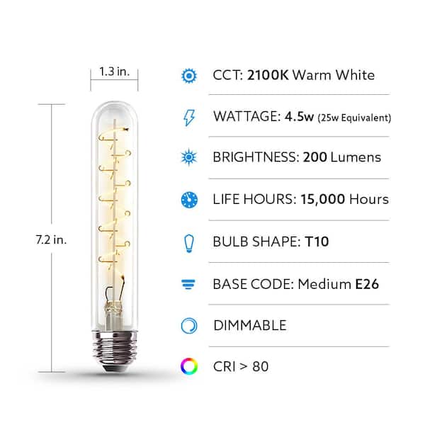 Feit Electric 25-Watt Equivalent T10 Dimmable Spiral Filament Large Clear Glass E26 Vintage Edison LED Light Bulb, Warm White T10L/S/CL/LED/HDRP Feit Electric 25-Watt Equivalent T10 Dimmable Spiral Filament Large Clear Glass E26 Vintage Edison LED Light Bulb, Warm White T10L/S/CL/LED/HDRP