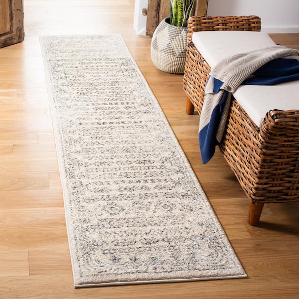 Tulum 2 ft. x 19 ft. Ivory/Gray Border Striped Distressed Runner Rug