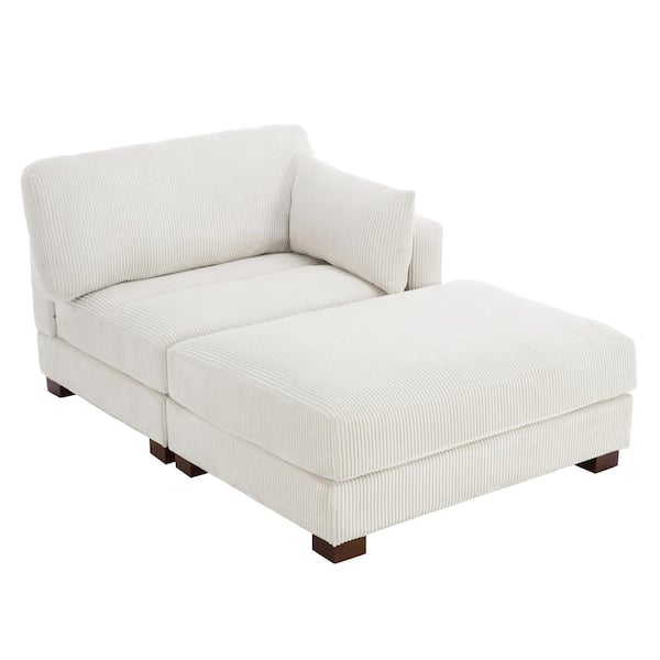 Uixe Modern Right Arm Facing Beige Corduroy Polyester Upholstered Sectional Chaise Lounge with Ottoman