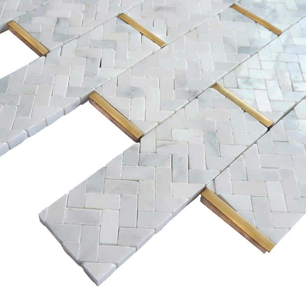 White and Gold Polished Marble Brick Joint Mosaic Tile