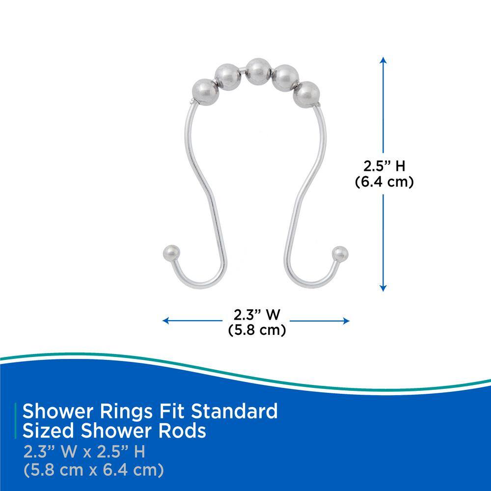 Chrome Metal Beaded Roller Ball Shower Curtain Double Hooks, Set of 12
