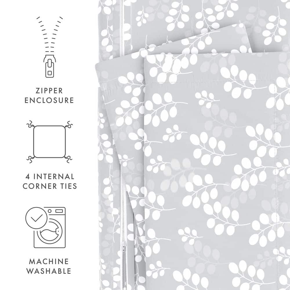 Gray Floral Microfiber Queen Duvet Cover Set