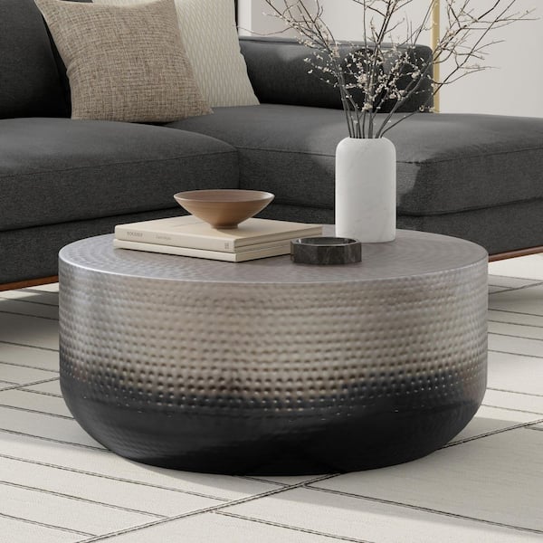 Nova 36 in. Wide Round Iron Metal Coffee Table in Silver Ombre, Assembled