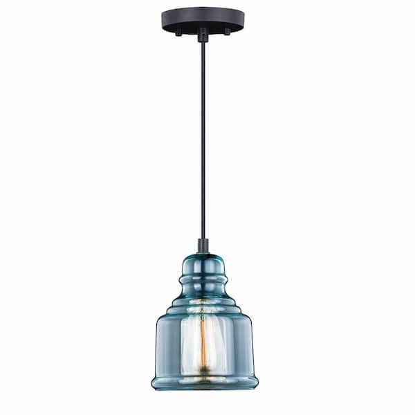 VAXCEL Millie 1-Light Oil Rubbed Bronze Shaded Farmhouse Jar Mini Pendant Ceiling Light Smoke Blue Glass