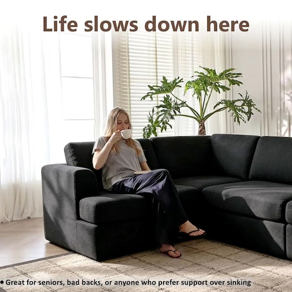 158 in. Flared Arm 5-Piece Boucle Fabric Modular L-Shaped Sectional Sofa with Machine Washable Covers, Ottoman in Black