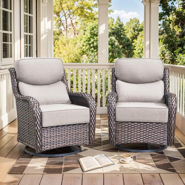 Luxurious Brown Swivel Glider Wicker Outdoor Rocking Chair with Beige Olefin 6 In. Thick Cushions (2-Pack)