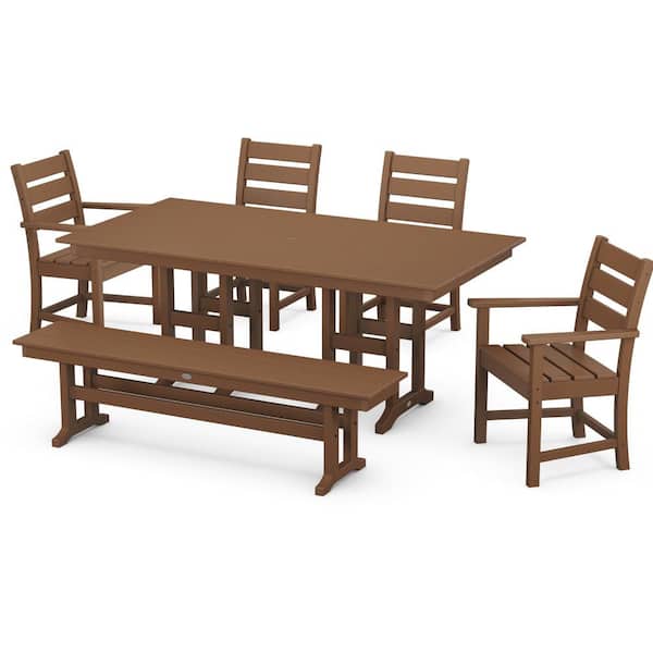 POLYWOOD Grant Park Teak 6-Piece HDPE Plastic Rectangle Farmhouse Outdoor Dining Set with Bench