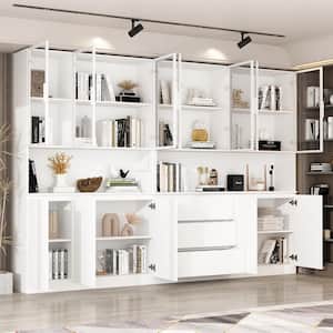 78.7 in. Tall White Wood 16-Shelf Standard Bookcase Freestanding Cabinet With Tempered Glass Doors, 3 Drawers