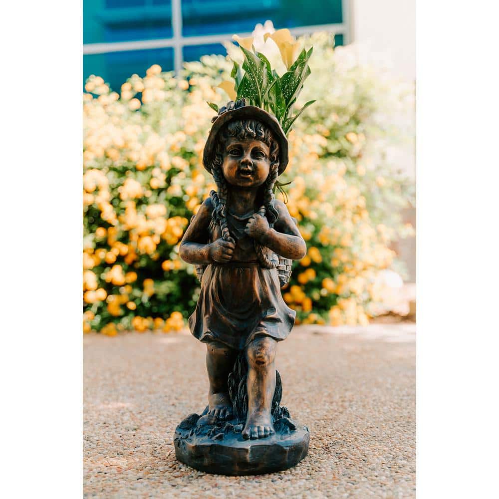 24" Faux Bronze Magnesium Oxide Girl Garden Statue with Plant Pot