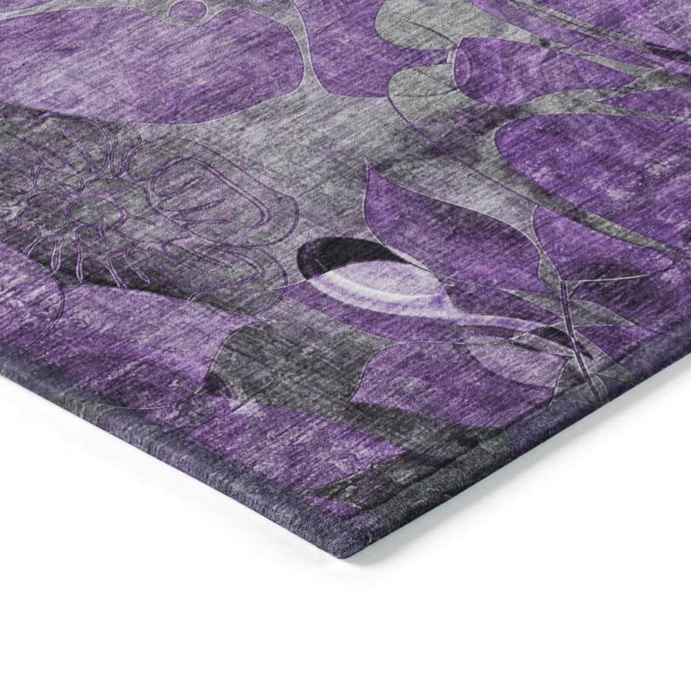 Purple Floral Synthetic Washable Rectangular Rug