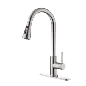 Single Handle Single Hole Pull Down Sprayer Kitchen Faucet with Deckplate Included in Brushed Nickel