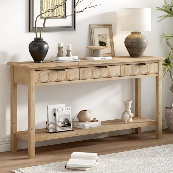 Natural Wood 31.20 in. H Accent Storage Cabinet Console Table with 3 Drawers