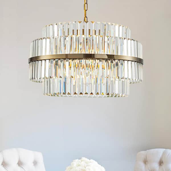 6-Light 26 in. Modern Round Crystal Chandelier in Antique Brass Luxury Tiered Pendant Light for Dining Room