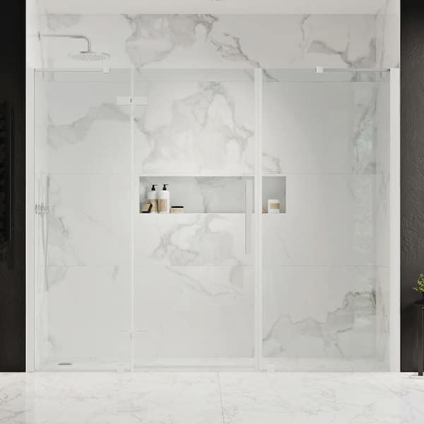 OVE Decors Tampa 85 in. - 87 3/8 in. W x 72 in. H Pivot Frameless Shower Door in Satin Nickel