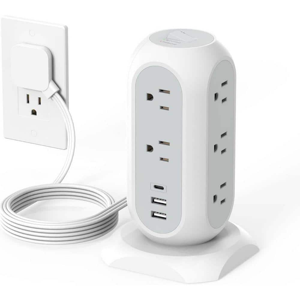 Power Strip Tower Flat Plug with 11 Outlets and 3 USB Ports (1 USB C) 1625W/13A 1050J Surge Protection 6 ft. Cord