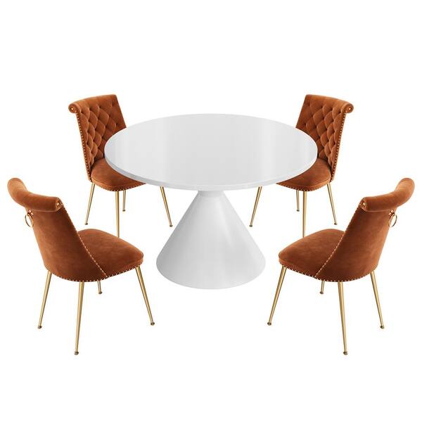 Boyel Living 5-Piece Round Stainless Steel White MDF Top Table Set Seats 4 (4 Brown Dining Chairs)