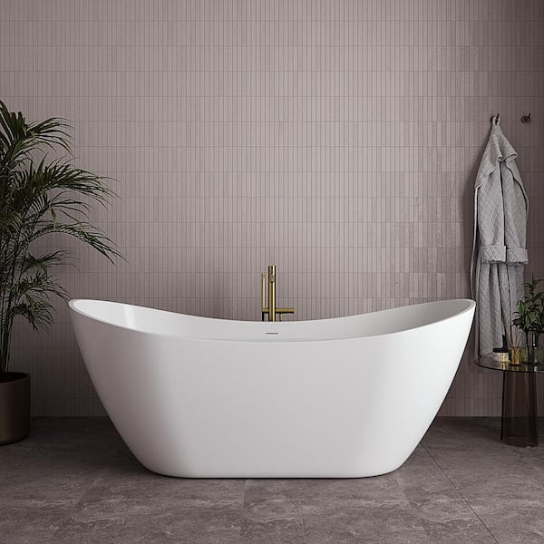 71 in. x 32 in. Acrylic Freestanding Soaking Bathtub in Glossy White with Brushed Brass Drain