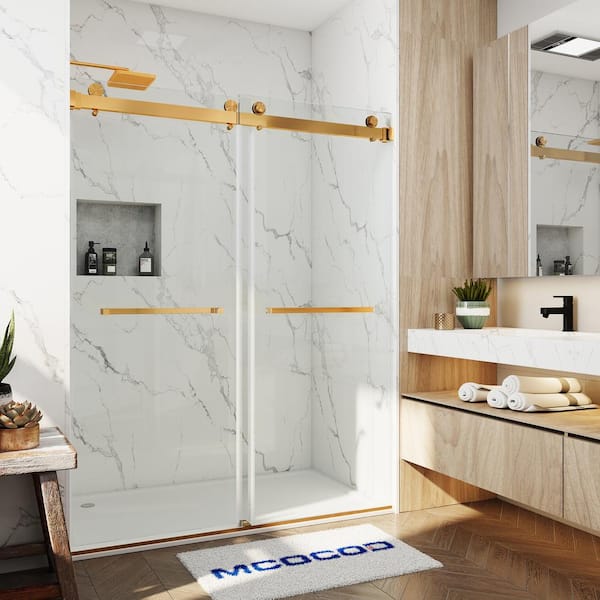 Sunny Shower Fully 60 W x 72 H Frameless Sliding Shower Doors, 3/8 Clear Glass, Brushed Nickel Finish, Stainless Steel Hardware