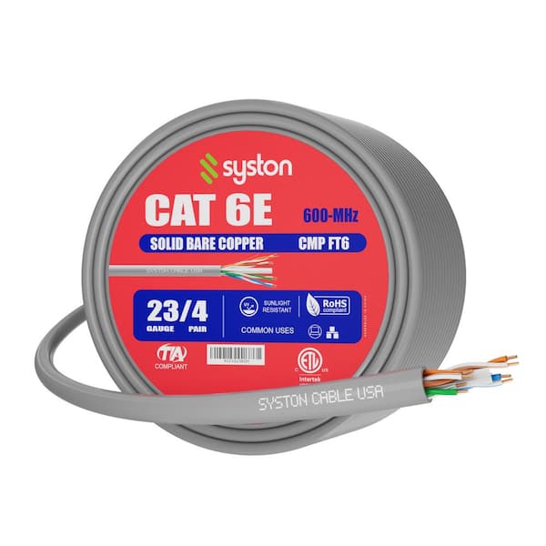 Syston Cable Technology 100 ft. Gray CMP Cat 6e 600 MHz 23 AWG Solid Bare Copper Ethernet Network Data Cable - Bulk No Ends Heat Resistant