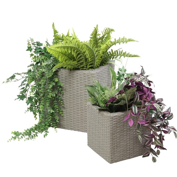 Sunnydaze Gray Sunnydaze Square Polyrattan Indoor Planters - 1 Large/1 Small Planter