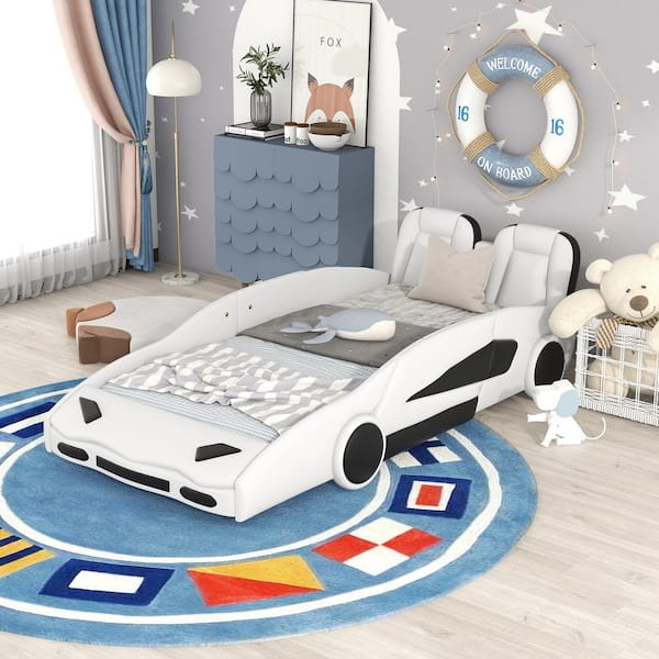 Polibi White Wood Frame Twin Size Race Car-Shaped Platform Bed with Wheels