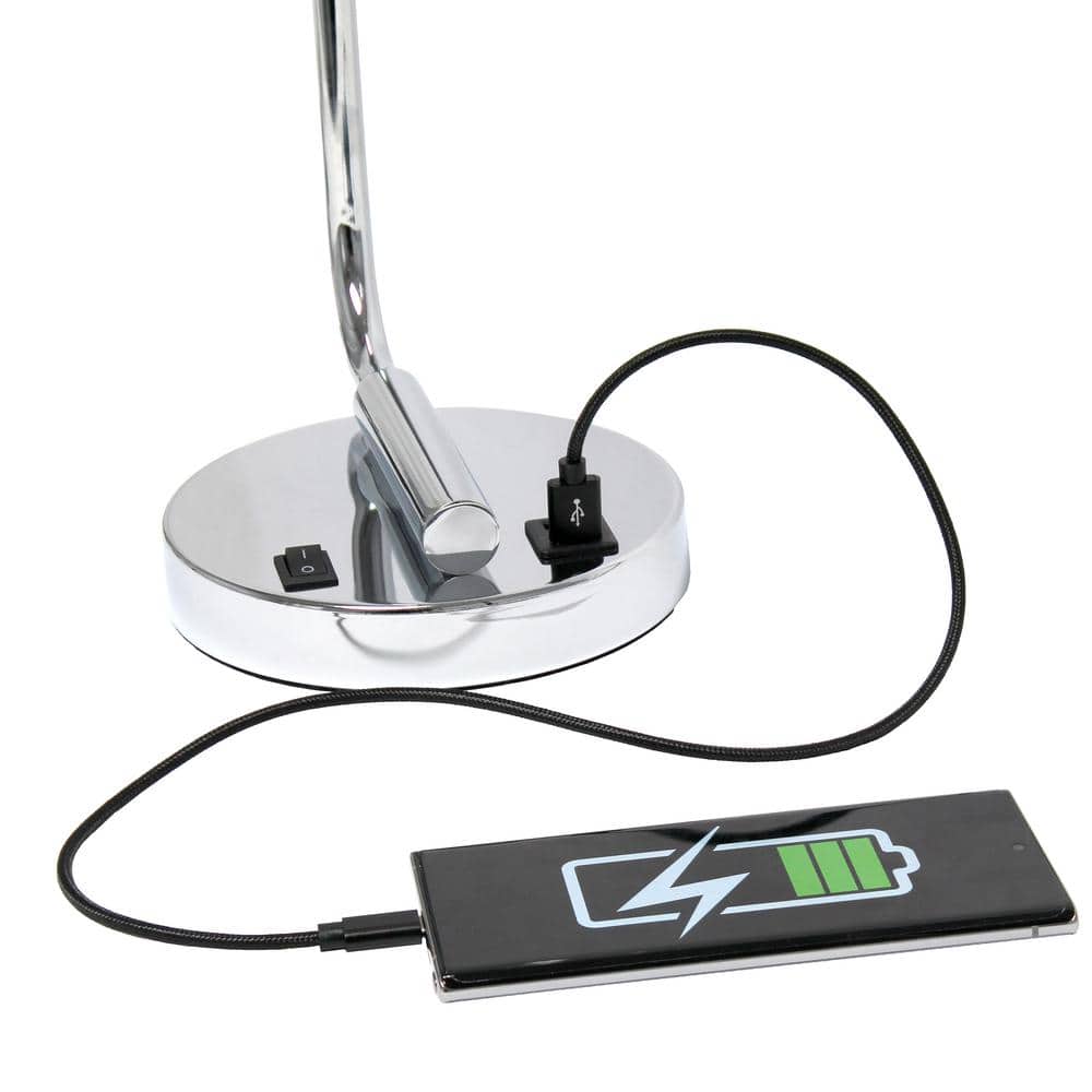 18.8" Chrome Industrial Iron Desk Lamp with Glass Shade and USB Port