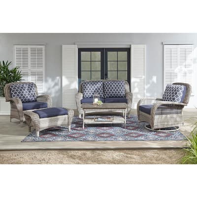 Beacon Park 5-Piece Gray Wicker Patio Deep Seating Set with Midnight Cushions