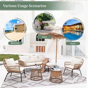6 Piece Boho Outdoor Furniture Beige Wicker Small Size Patio Conversation Sofa Set with Round Ice Bucket and Table