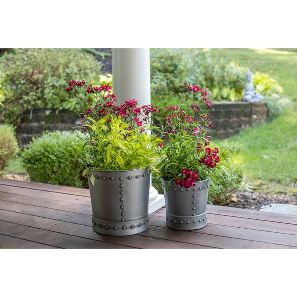 Unique Large Riveted Zinc Planter Set of 2 for Outdoor or Indoor Use, Garden, Deck, and Patio