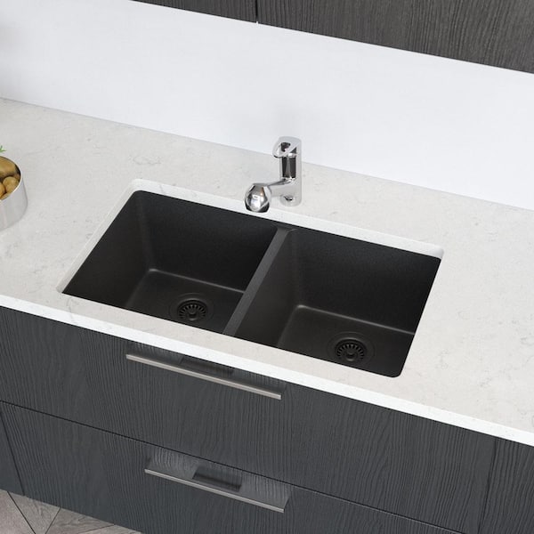 Rene Carbon Granite Quartz 33 in. Double Bowl Undermount Kitchen Sink Kit