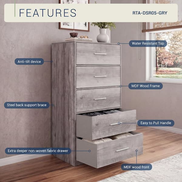 Techni Home Gray 5 Drawer 22.5 in. Wide Dresser RTA-DSR05-GRY Techni Home Gray 5 Drawer 22.5 in. Wide Dresser RTA-DSR05-GRY