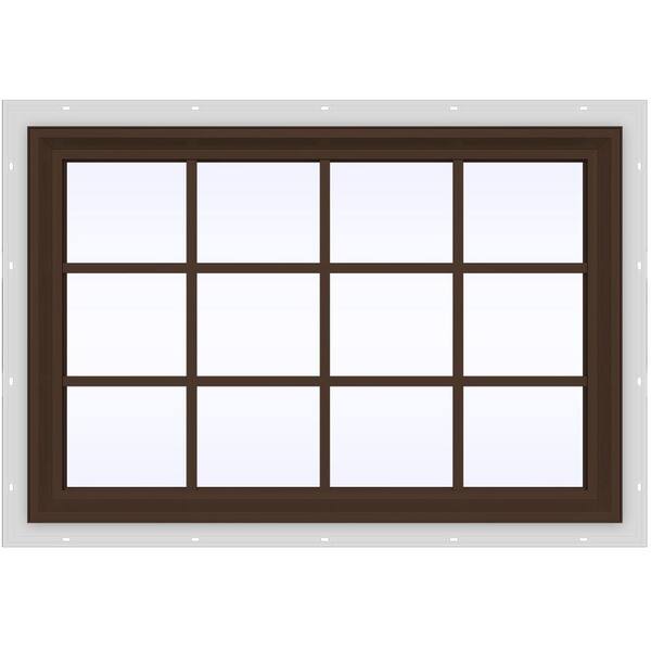 JELD-WEN 47.5 in. x 35.5 in. V-2500 Series Brown Painted Vinyl Fixed Picture Window with Colonial Grids/Grilles